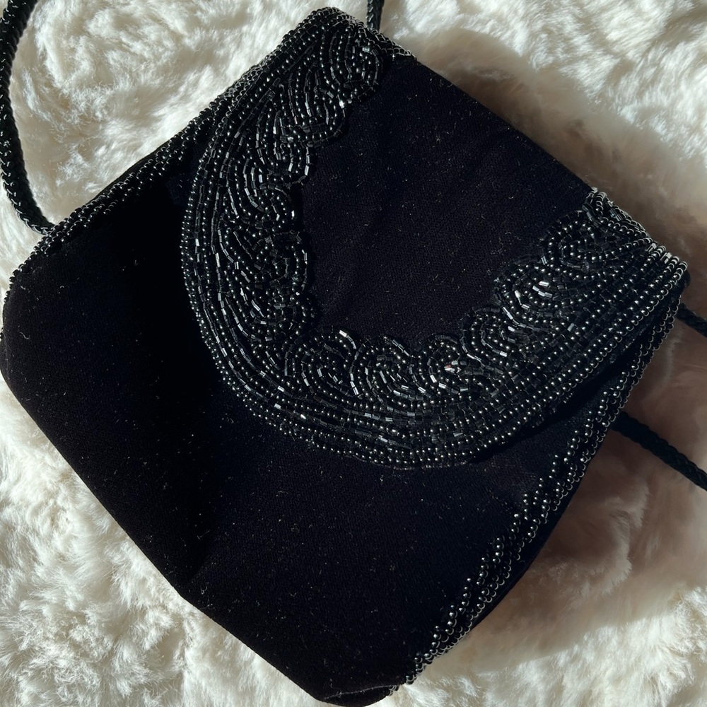 Vintage black velvet beaded evening purse